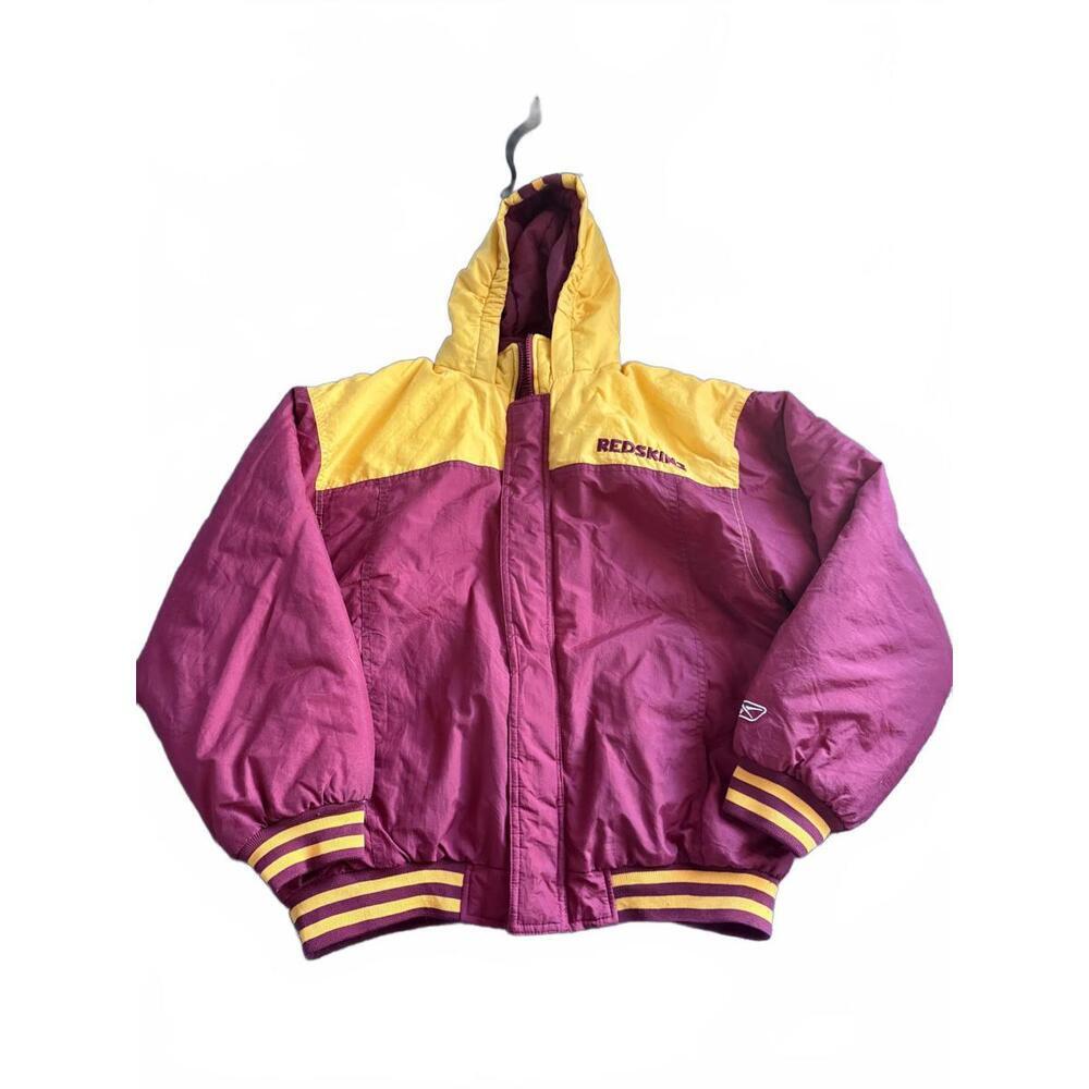 Vintage Reebok Washington Redskins NFL Hooded Puffer Jacket Burgundy Gold Y2K